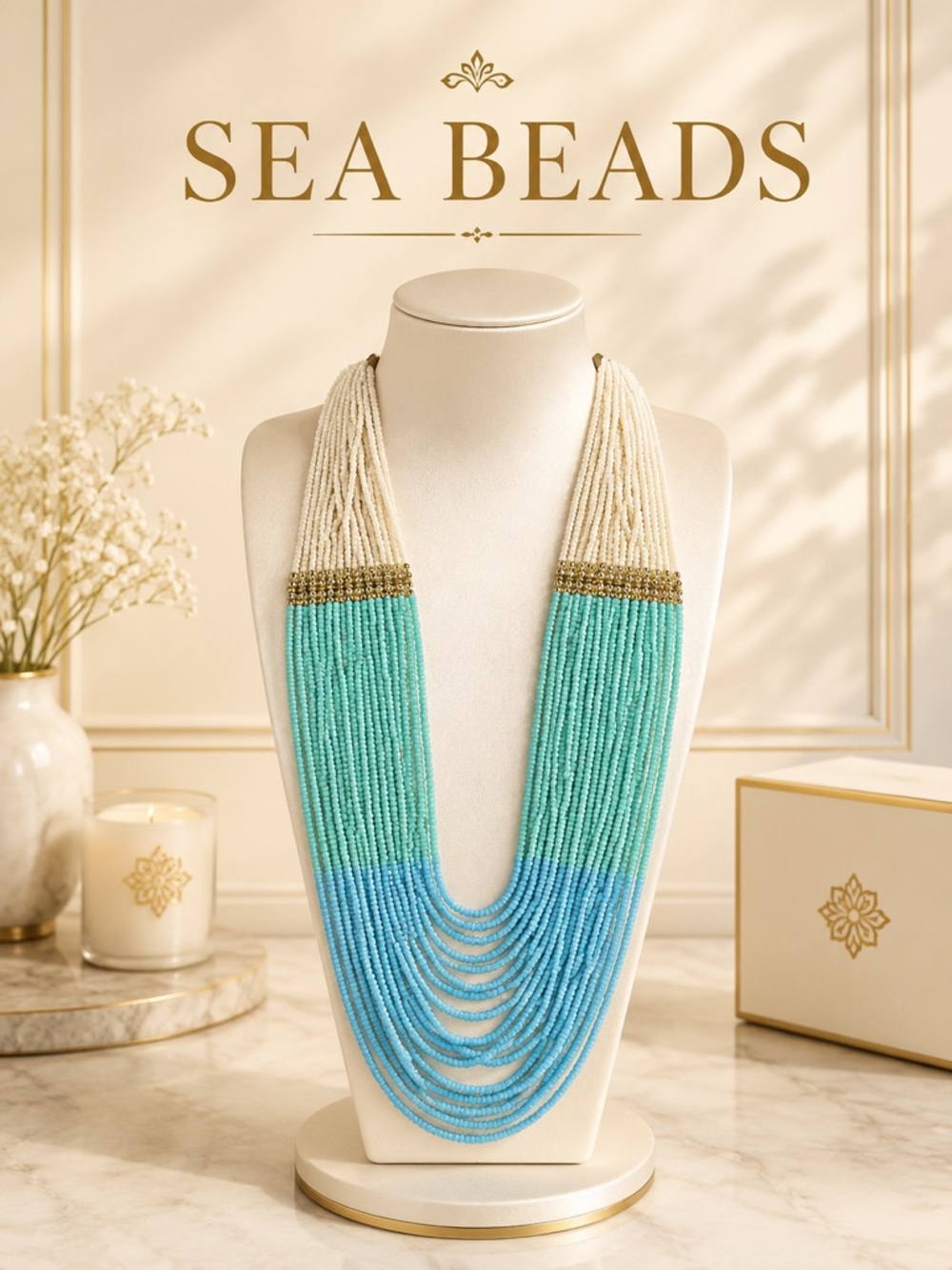 SEA BEADS Multistrand Ombre Beaded Necklace - Turquoise, Green & Cream